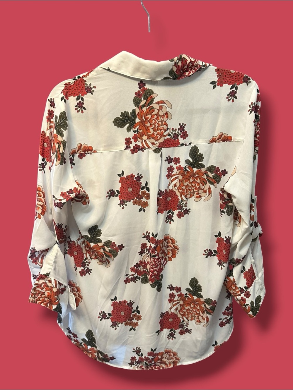 Express White Floral Button-Down Shirt with Red & Orange Blooms - Picture 3 of 5